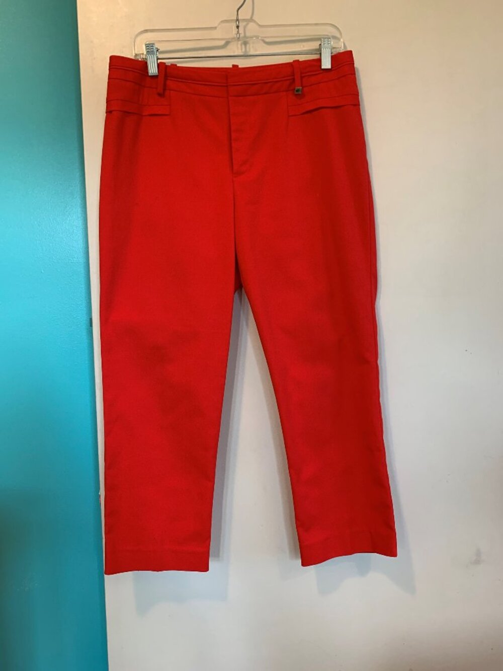 Calvin Klein crop pant, red, cotton, poly, spandex, Sz 8, EUC, medium rise, EUC